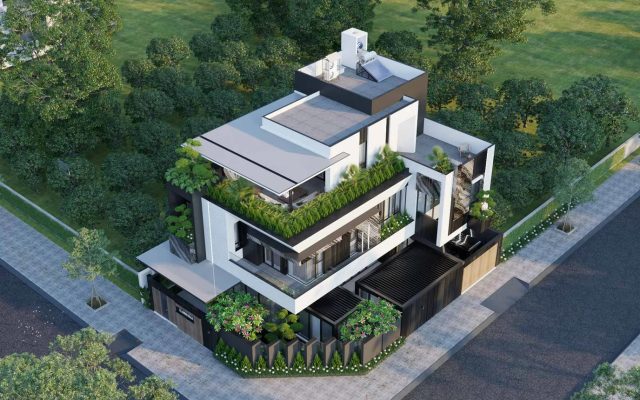 Nhà 3 tầng sân thượng hiện đại 2026